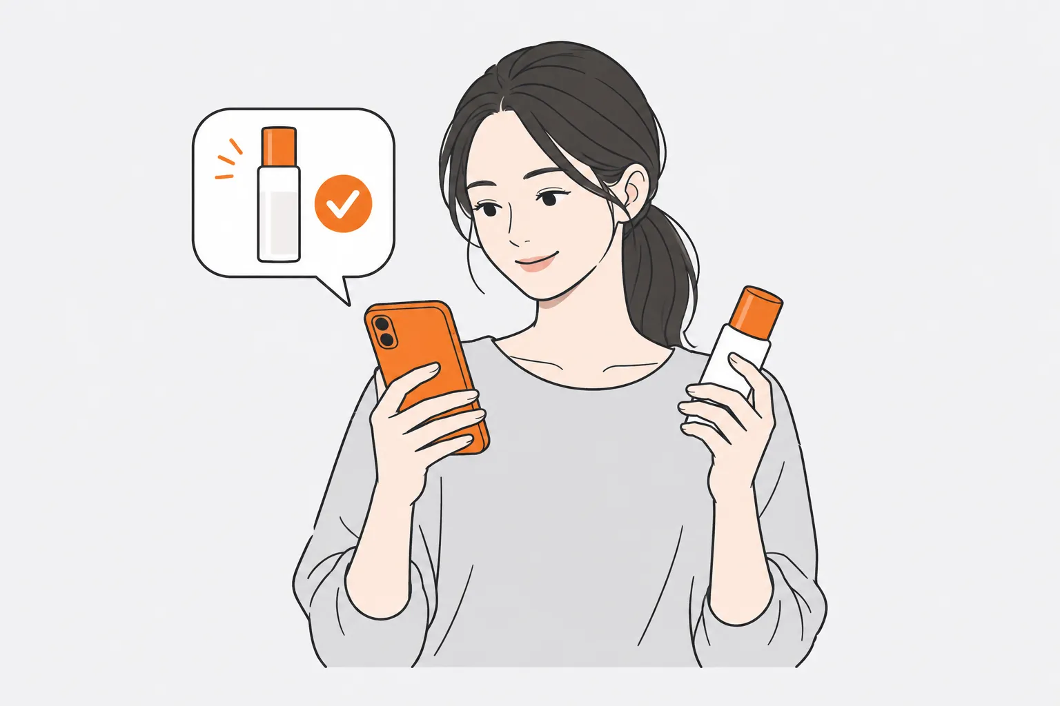 化粧水を手に、購入前の確認をスマートフォンで行う消費者