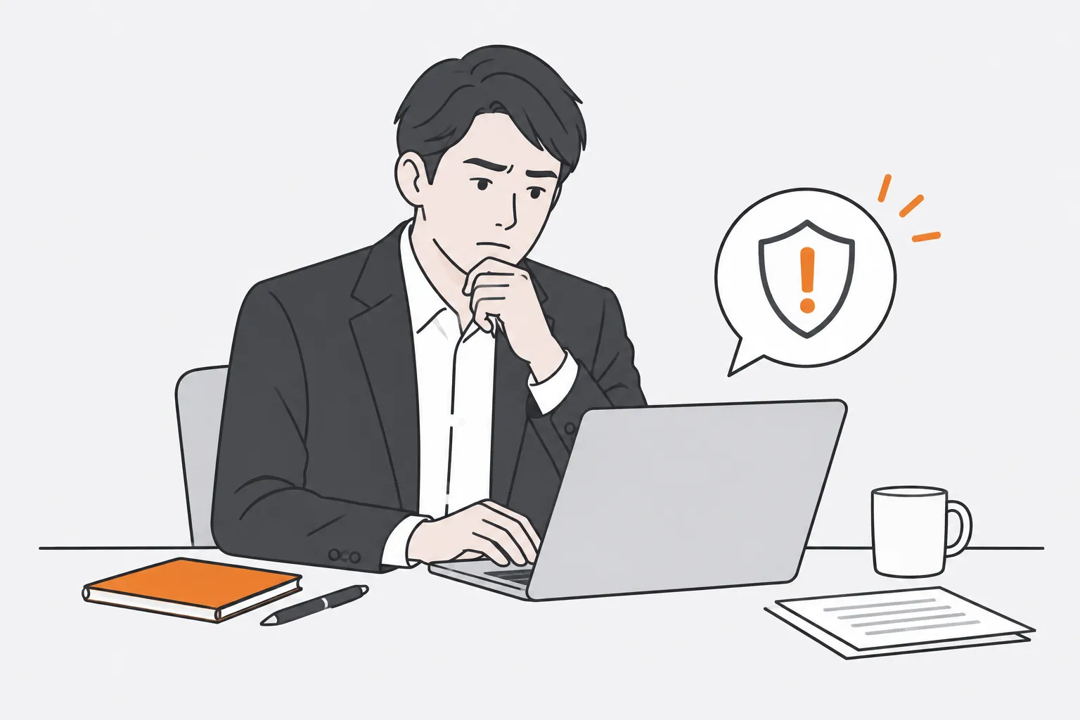 パソコンで取引先候補の信頼性を確認する企業担当者